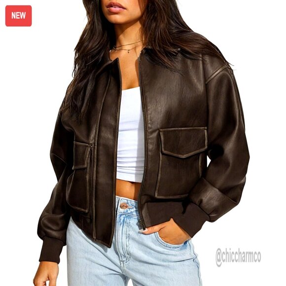 Jackets & Blazers - Oversized Faux Leather Bomber Jacket, Zip Up Motorcycle Style, Fall Outerwear